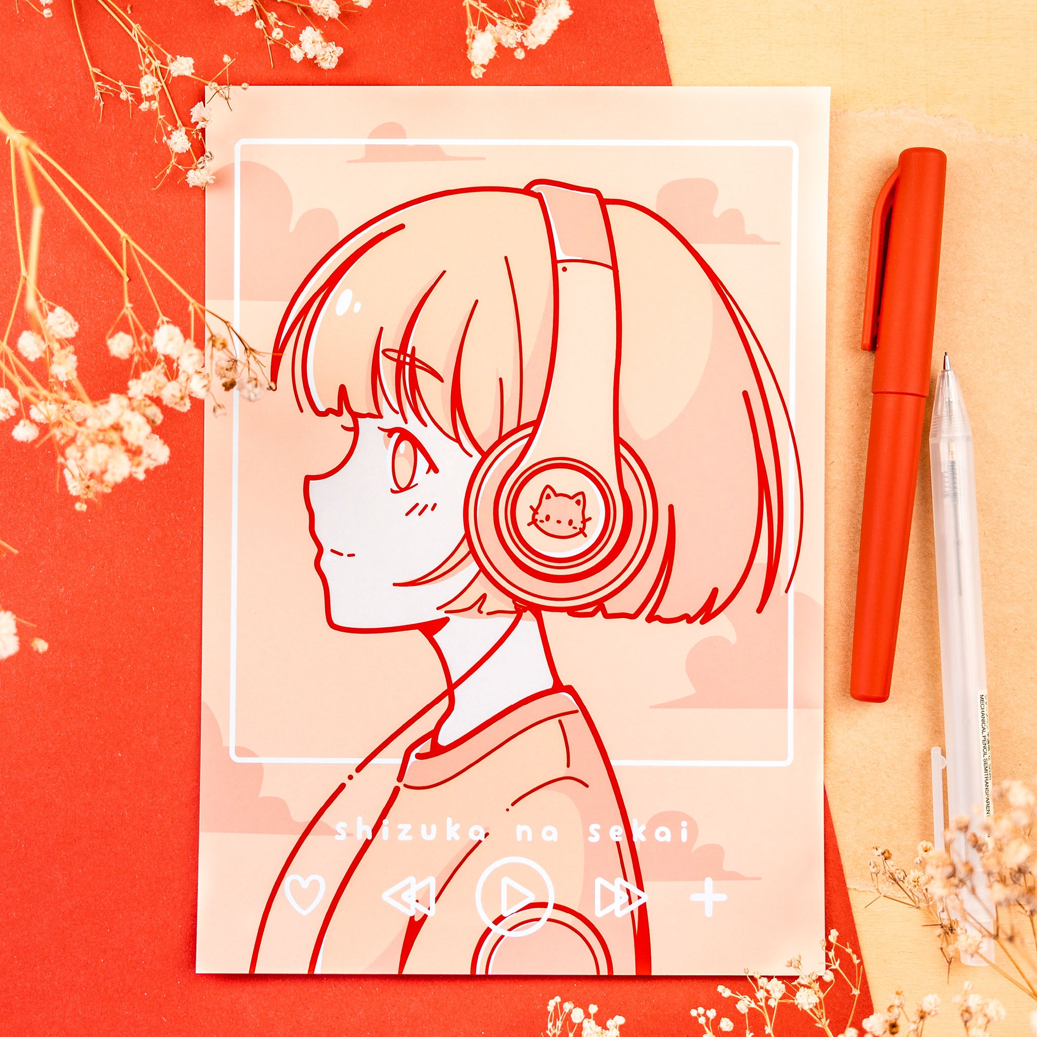 Cute Cat Headphone Girl Print (verschiedene Größen)