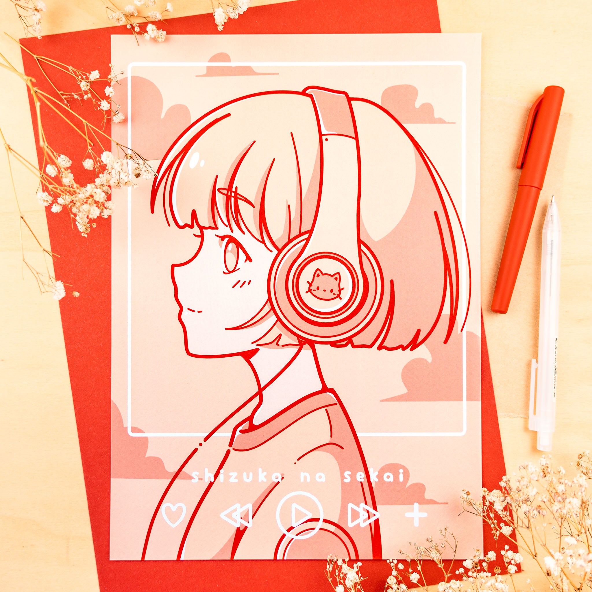 Cute Cat Headphone Girl Print (verschiedene Größen)