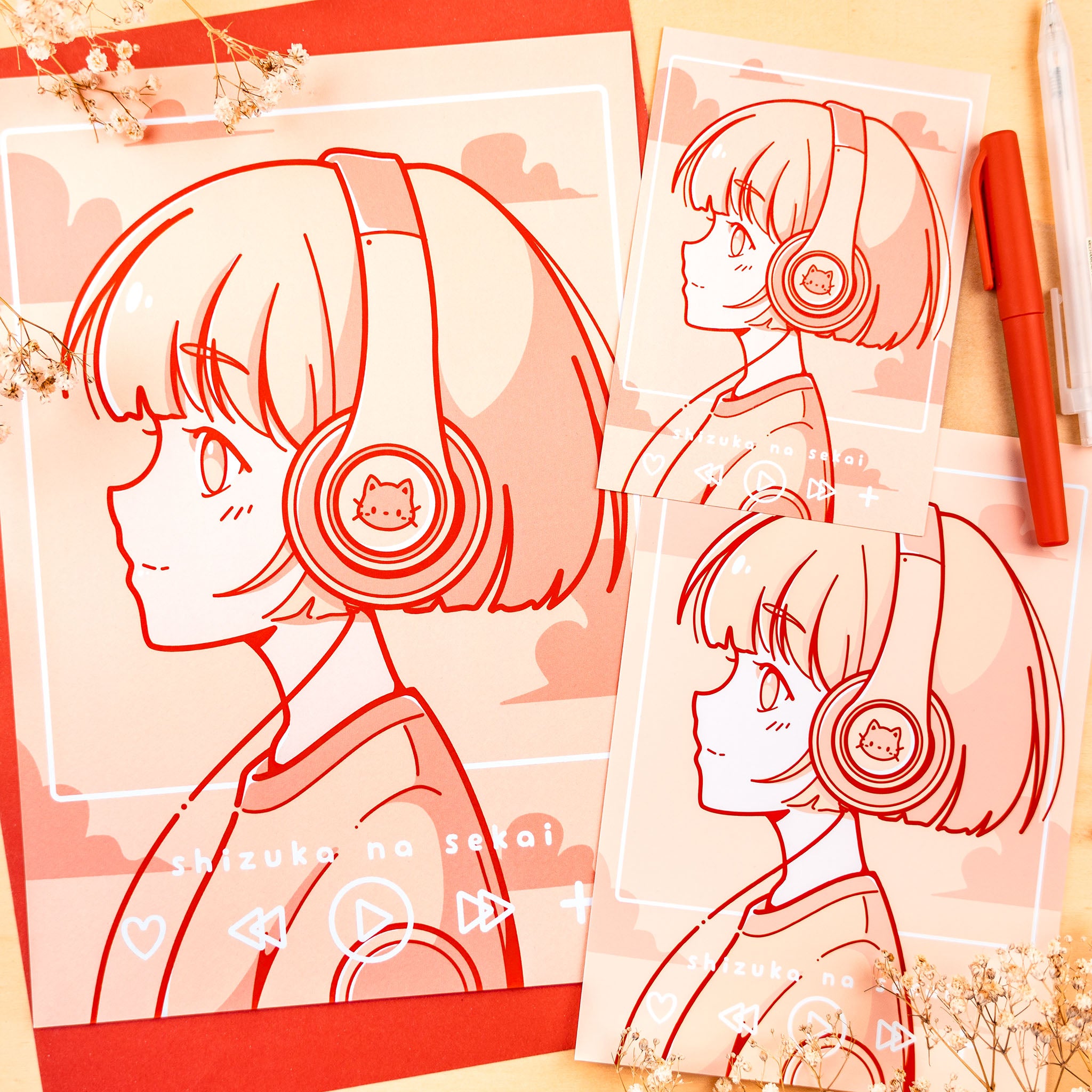 Cute Cat Headphone Girl Print (verschiedene Größen)