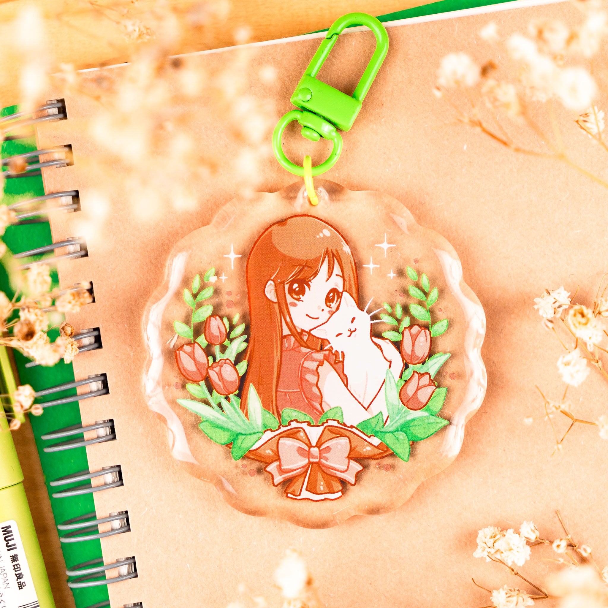 Cat & Tulip Bouquet Girl Epoxy Keychain