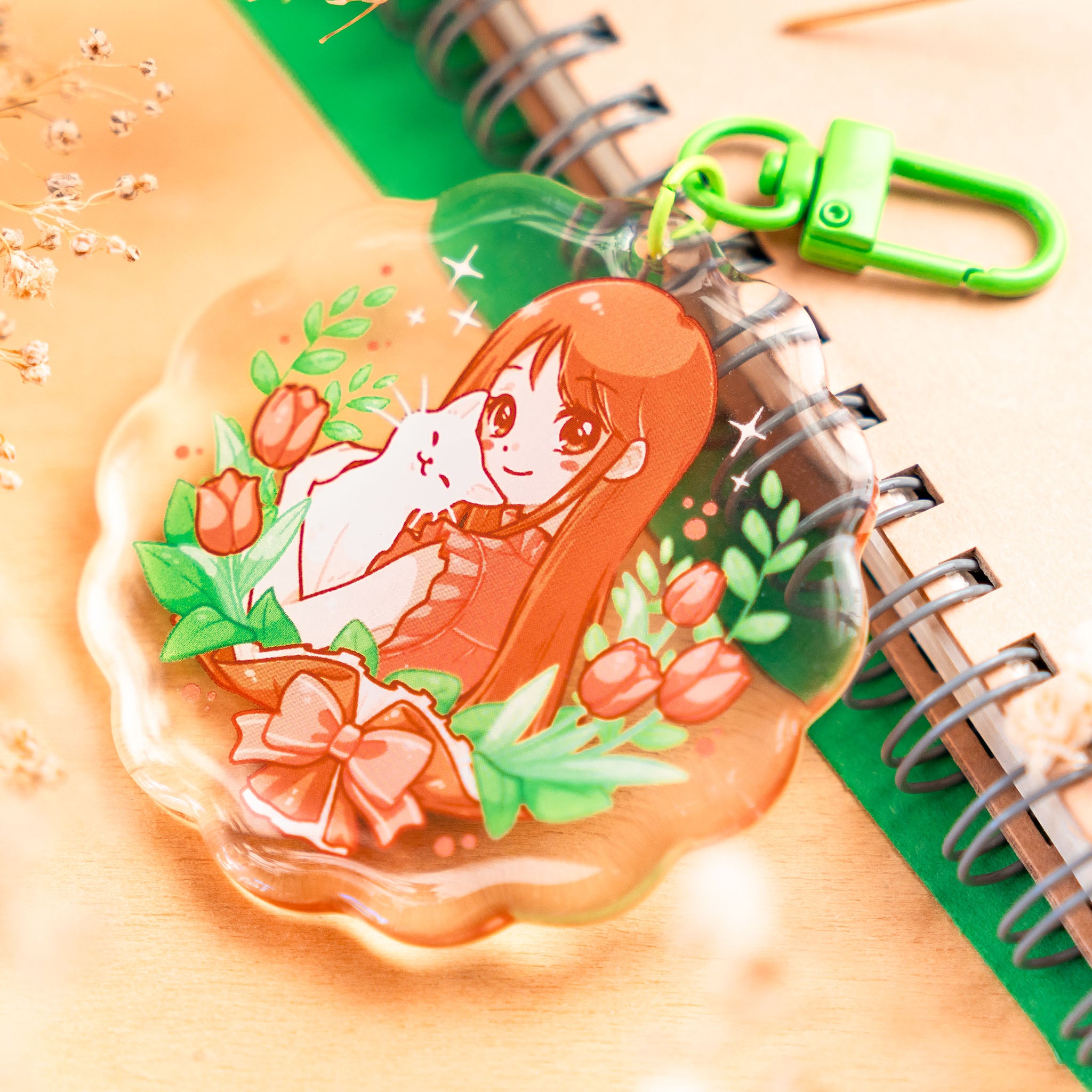 Cat & Tulip Bouquet Girl Epoxy Keychain
