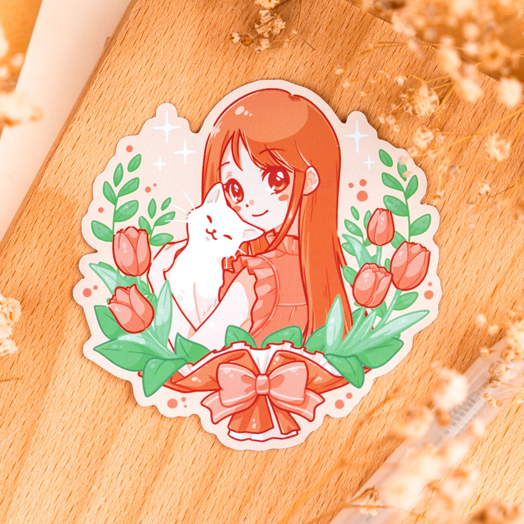 Cat & Tulip Bouquet Girl Sticker