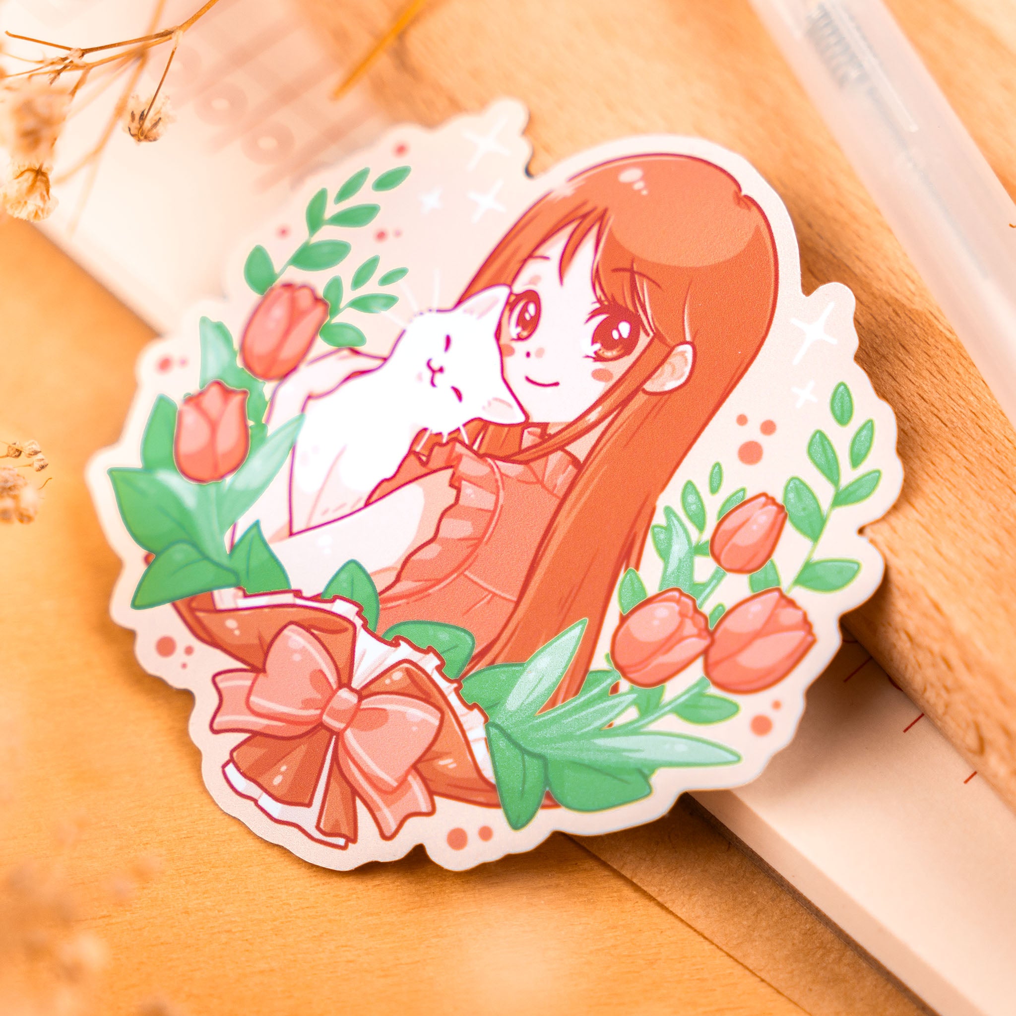 Cat & Tulip Bouquet Girl Sticker